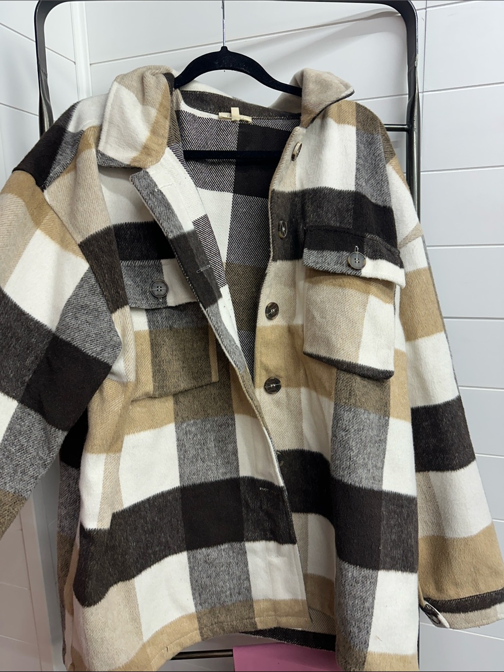JODIFL Plaid Utility Shacket Jacket - Cream, Tan & Black